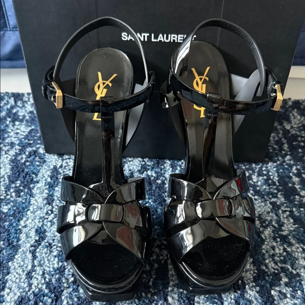 Yves Saint Laurent Women's Tribute Black Patent T-Strap Platform Sandals - Picture 11 of 17